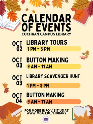 Cochran campus library events flyer. 